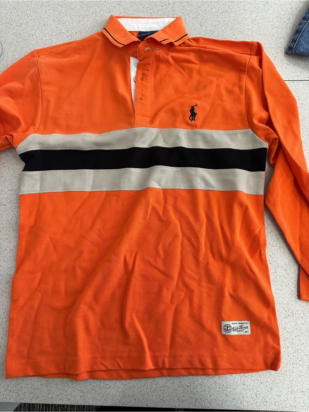 Polo-Style Long Sleeve Rugby Shirt - Orange with Black & Cream Stripes